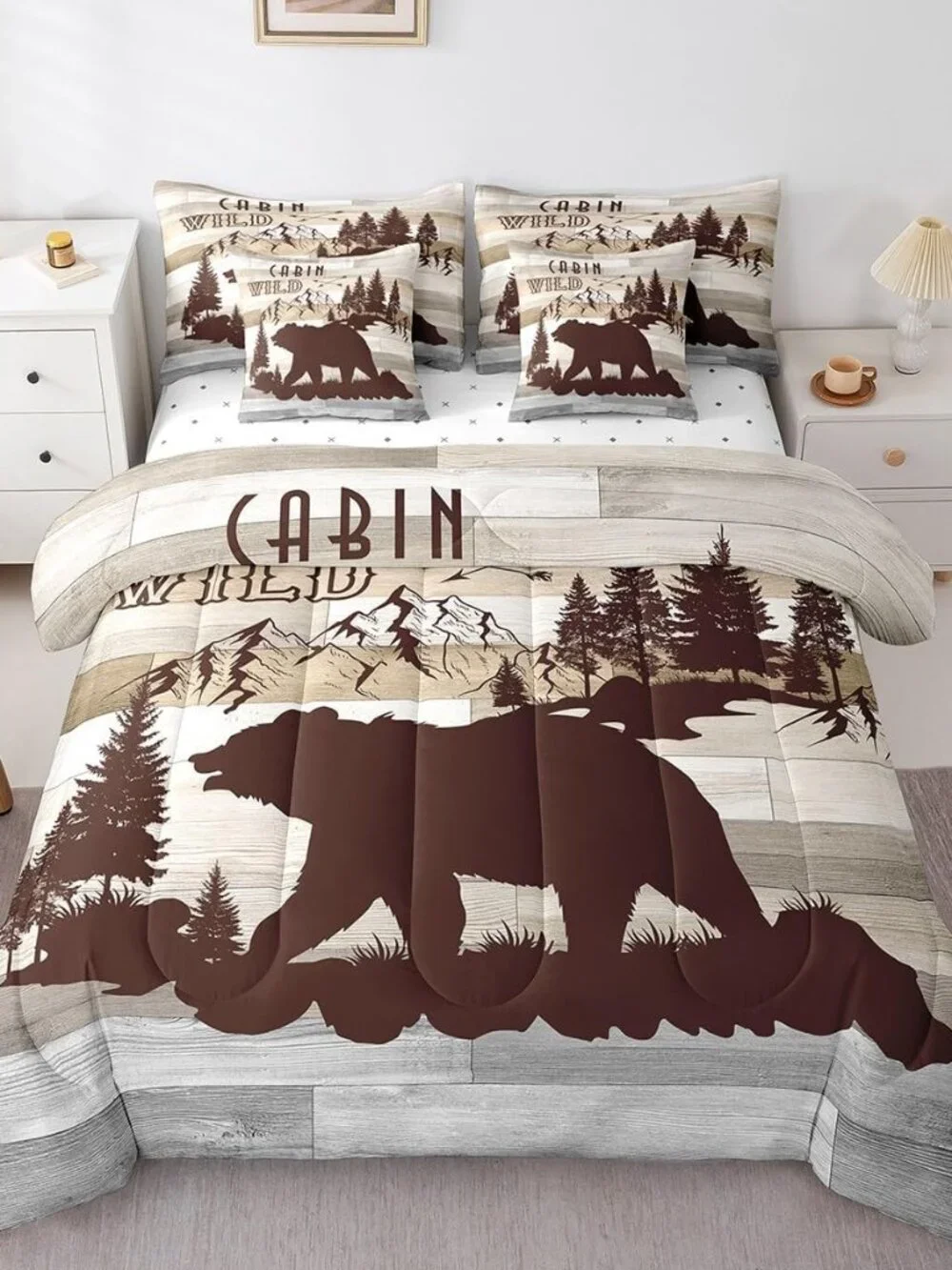 Boys Girls Rustic Bear Bed in a Set Queen Size, Cabin Comforter Set with Sheets